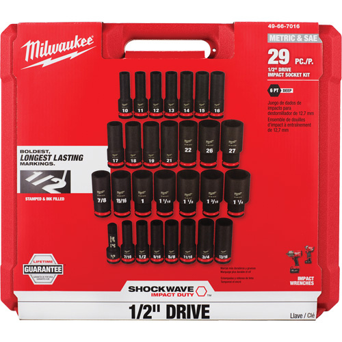 Milwaukee  49-66-7016  Shockwave? Impact Duty? SAE & Metric 6 Point Socket Set, 29 Pcs, Impact, 1/2" Drive Size, Deep - Each