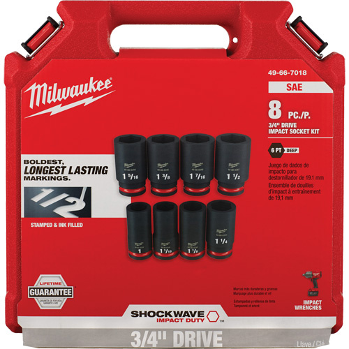 Milwaukee  49-66-7018  Shockwave? Impact Duty? SAE 6 Point Socket Set, 8 Pcs, Impact, 3/4" Drive Size, Deep - Each