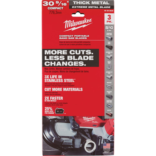 Milwaukee 48-39-0630 Extreme Metal Band Saw Blades, High Speed Steel, 30-9/16" L x 1/2" W x 0.02" Thick, 8/10 TPI-(Pack of 3)