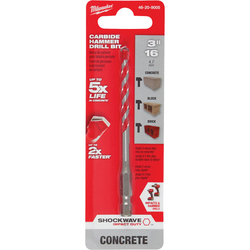 Milwaukee 48-20-9005 Shockwave Hammer Drill Bit, 3/16", Hex Shank, Carbide-(Each)
