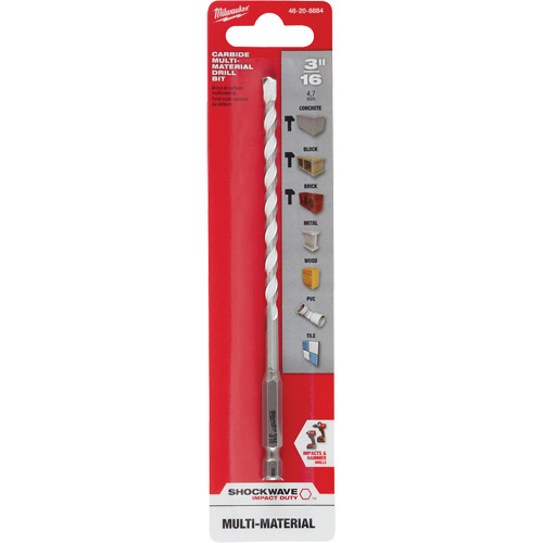 Milwaukee 48-20-8884 Shockwave Multi-Material Drill Bit, 3/16", Hex Shank, Carbide-(Each)