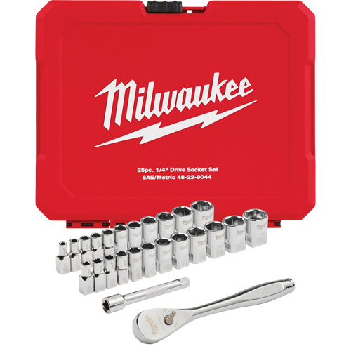 Milwaukee 48-22-9044 Metric & SAE FOUR FLAT Sides Ratchet & Socket Set, 25 Pcs, 1/4" Drive Size-(Each)