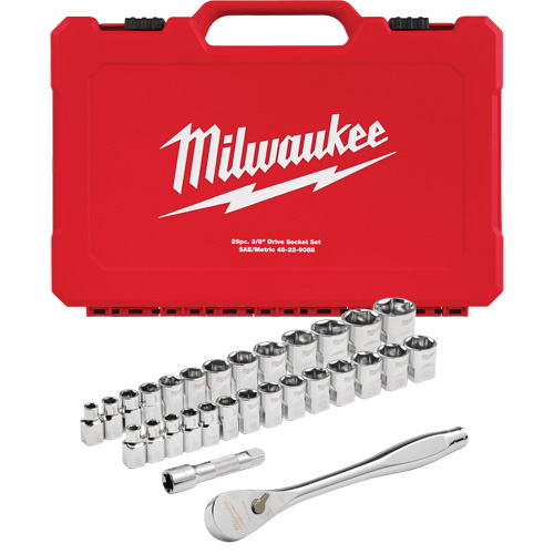 Milwaukee 48-22-9088 Metric & SAE FOUR FLAT Sides Ratchet & Socket Set, 29 Pcs, 3/8" Drive Size-(Each)