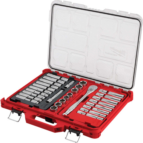 Milwaukee 48-22-9487 Ratchet & Socket Set with PACKOUT Low-Profile Organizer, 47 Pcs, 1/2" Drive Size, Deep-(Each)