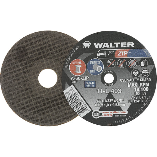 Walter Surface Technologies  11L403  Zip? Cut-Off Wheel, 4" x 1/32", 3/8" Arbor, Type 1, Aluminum Oxide, 19100 RPM - Each