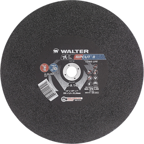 Walter Surface Technologies  10A143  Ripcut II? High Performance Cut-Off Wheel for Stationary Saws, 14" x 1/8", 1" Arbor, Type 1, Aluminum Oxide, 4400 RPM - Each
