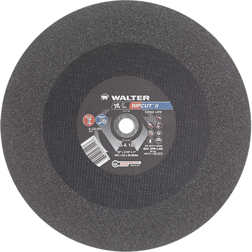 Walter Surface Technologies  10A183  Ripcut II? High Performance Cut-Off Wheel for Stationary Saws, 18" x 3/16", 1" Arbor, Type 1, Aluminum Oxide, 3400 RPM - Each