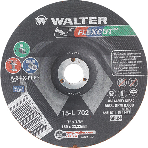 Walter Surface Technologies  15L702  Flexcut? Depressed Centre Grinding Wheels, 7", 24 Grit, Aluminum Oxide, 7/8", 8600 RPM, Type 29 - Each