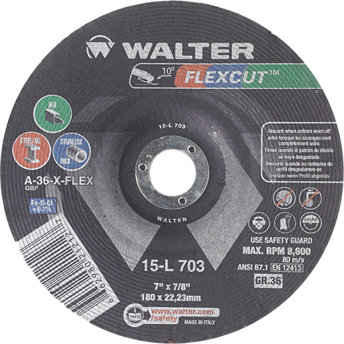 Walter Surface Technologies  15L703  Flexcut? Depressed Centre Grinding Wheels, 7", 36 Grit, Aluminum Oxide, 7/8", 8600 RPM, Type 29 - Each