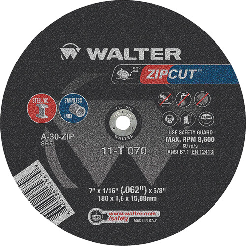 Walter Surface Technologies  11T070  Zipcut? Reinforced Cut-Off Wheel, 7" x 1/16", 5/8" Arbor, Type 1, Aluminum Oxide, 8600 RPM - Each