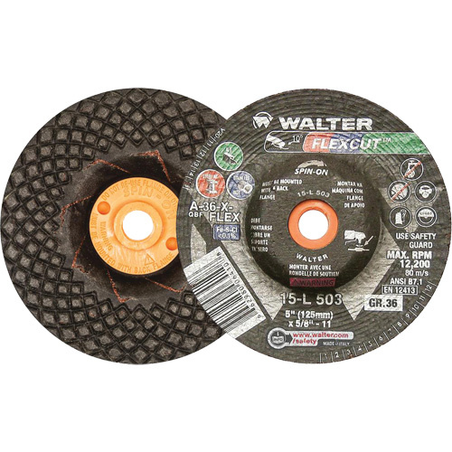 Walter Surface Technologies  15L503  Flexcut? Depressed Centre Grinding Wheels, 5", 36 Grit, Aluminum Oxide, 5/8"-11, 12200 RPM, Type 29 - Each