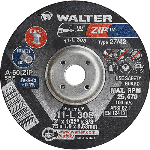 Walter Surface Technologies  11L308  Zip? Cutting and Grinding Wheel, 3" x 1/13", 3/8" Arbor, Type 27, 60 Grit, Aluminum Oxide - Each