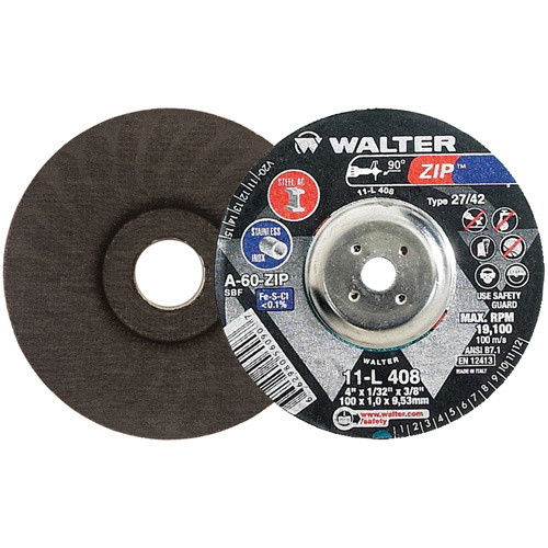 Walter Surface Technologies  11L408  Zip? Cutting and Grinding Wheel, 4" x 1/32", 3/8" Arbor, Type 27, 60 Grit, Aluminum Oxide - Each