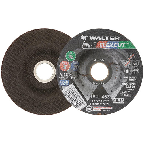 Walter Surface Technologies  15L463  FLEXCUT? Grinding Wheel, 4-1/2", 36 Grit, Aluminum Oxide, 7/8", 13300 RPM, Type 29 - Each