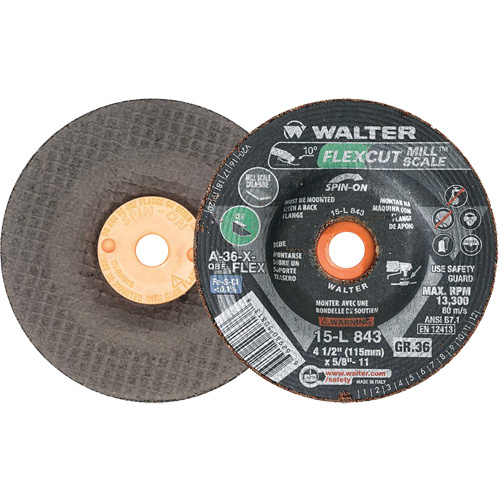 Walter Surface Technologies  15L843  FLEXCUT MILL SCALE? Grinding Wheel, 4-1/2", 36 Grit, Aluminum Oxide, 5/8"-11, 13300 RPM, Type 29 - Each