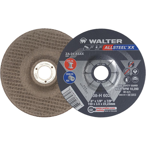 Walter Surface Technologies  08H602  Depressed Centre Grinding Wheels - Allsteel? XX, 6" x 1/8", 7/8" Arbor, Type 27, Zirconia Alumina, 10200 RPM - Each