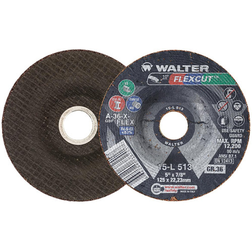 Walter Surface Technologies  15L513  FLEXCUT? Grinding Wheel, 5", 36 Grit, Aluminum Oxide, 7/8", 12200 RPM, Type 29 - Each