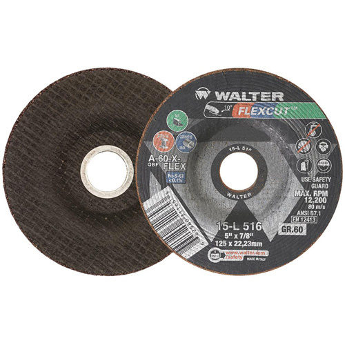 Walter Surface Technologies  15L516  FLEXCUT? Grinding Wheel, 5", 60 Grit, Aluminum Oxide, 7/8", 12200 RPM, Type 29 - Each