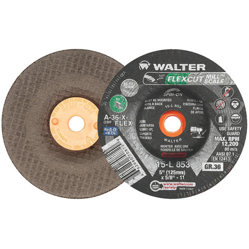 Walter Surface Technologies  15L853  FLEXCUT MILL SCALE? Grinding Wheel, 5", 36 Grit, Aluminum Oxide, 5/8"-11, 12200 RPM, Type 29 - Each