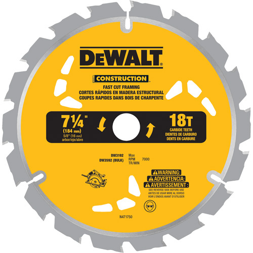 DEWALT  DW3192  Fast Cut Framing Carbide-Tipped Saw Blade, 7-1/4", 18 Teeth, Wood Use - Each