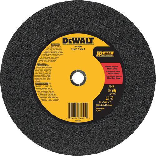 DEWALT  DW8001  General Purpose Metal Cutting Chop Saw Wheel, 14" x 7/64", 1" Arbor, Type 1, Aluminum Oxide, 4300 RPM - Each