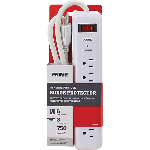 Prime  PB802124  Surge Protector, 6 Outlets, 750 J, 1875, 3' Cord - Each