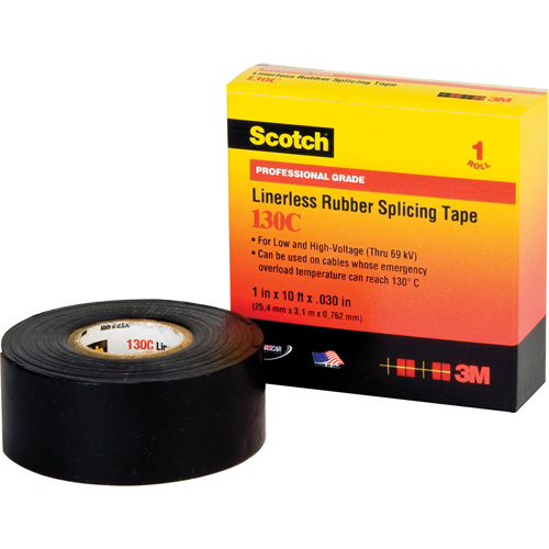 3M  130C-1X30  Scotch<sup>?</sup> Linerless Rubber Splicing Tape 130C, 25.4 mm (1") x 9.14 m (30'), Black - Roll