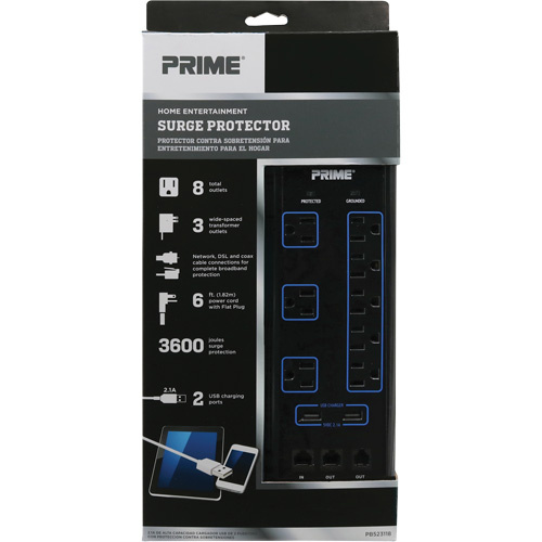Prime  PB523118  USB Charging Surge Protectors, 8 Outlets, 3600 J, 1875 W, 6' Cord - Each