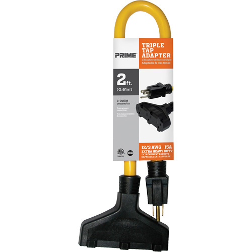 Prime  AD050802  Triple Tap Adapter, Outdoor, STW, 12/3 AWG, 15 A, 3 Outlet(s), 2' - Each