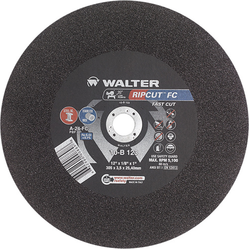Walter Surface Technologies  10B123  Ripcut? Stainless Steel & Steel Cut-Off Wheel for Stationary Saws, 12" x 1/8", 1" Arbor, Type 1, Aluminum Oxide, 5100 RPM - Each