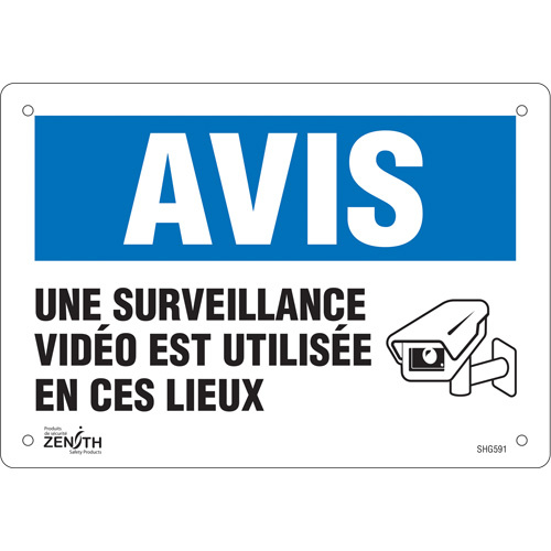 Zenith Safety Products  "Surveillance vid?o" Sign, 7" x 10", Plastic, French with Pictogram - Each