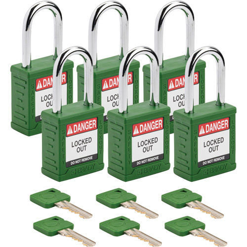 Brady  153461  Standard Lockout Padlock, Safety Padlock, Keyed Different, Nylon, 1-1/2" Width - Pack of 6