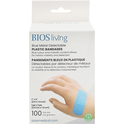 BIOS  FA-103  Blue Water-Resistant Bandages, Rectangular/Square, 3", Plastic Metal Detectable, Sterile - Box of 100