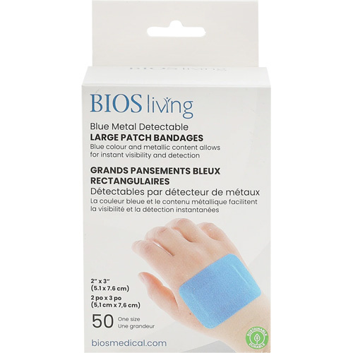 BIOS  FA-107  Blue Large Patch Bandages, Rectangular/Square, 3", Fabric Metal Detectable, Sterile - Box of 50