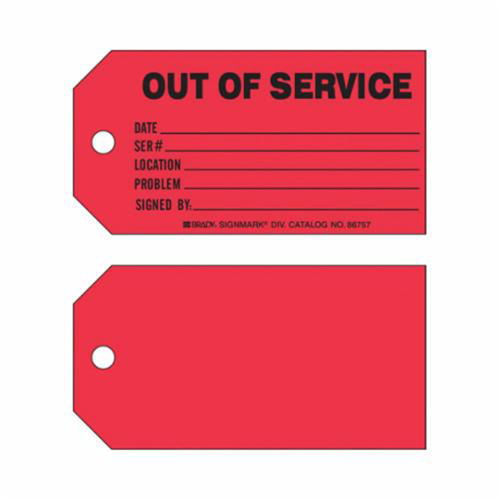 Brady 86757 "Out of Service" Production Tag, Paper, 5-3/4" W x 3" H, English-(Pack of 100)