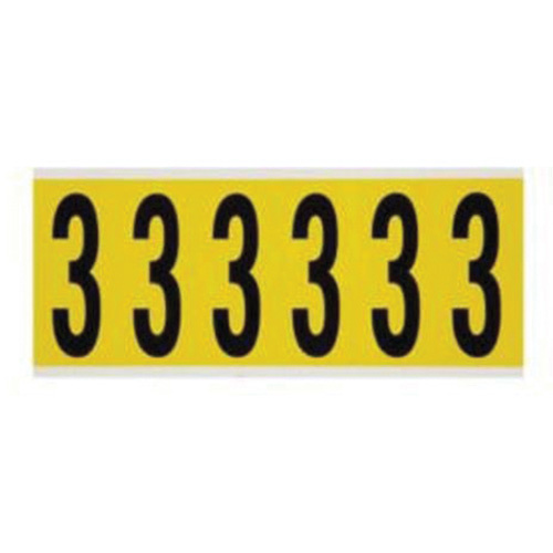 Brady  3450-3  Repositionable Individual Number and Letter Labels, 3, 3" H, Black on Yellow - Each