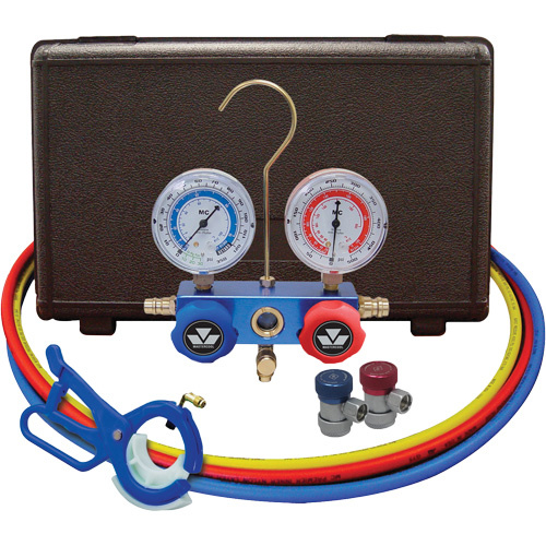 Mastercool 89661-PRO Automotive Manifold Gauge Set with Manual Couplers & 3-in-1 Side Mount Can Tap Valve - (Each)
