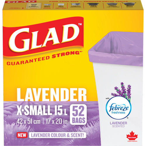 Clorox 10067489450037 Glad Lavender Coloured & Scented Bags, Strong, 17" W x 20" L, Purple, 15 L (3.96 Gal.) Capacity - (Case of 12)