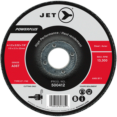 JET 500412 A36T Powerplus Cut-Off Wheel, 4-1/2" x 3/32", 7/8" Arbor, Type T27, 13300 RPM - (Each)