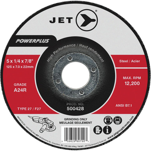 JET 500438 PowerPlus Grinding Wheel, 7" x 1/4", 7/8" Arbor, Aluminum Oxide, Type 27 - (Each)