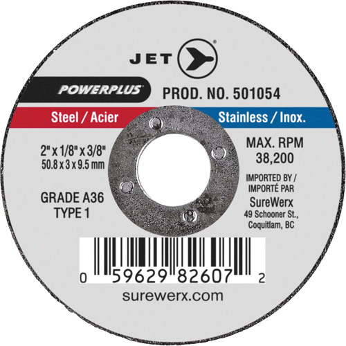 JET 501054 A36 POWERPLUS Cut-Off Wheel, 2" x 1/8", 3/8" Arbor, Type 1, 38200 RPM - (Each)
