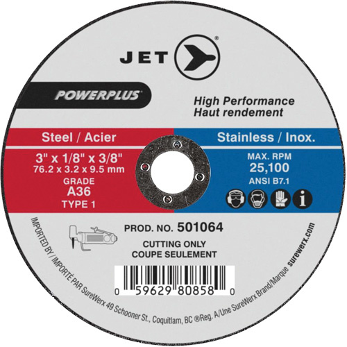 JET 501064 POWERPLUS Cut-Off Wheel, 3" x 1/8", 3/8" Arbor, Type 1, 25100 RPM - (Each)