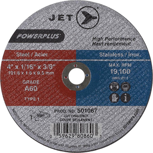 JET 501067 A60 POWERPLUS Cut-Off Wheel, 4" x 1/16", 3/8" Arbor, Type 1, 19100 RPM - (Each)