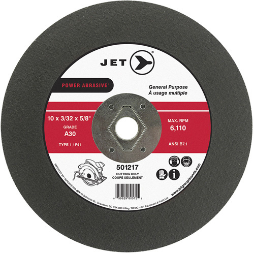 JET 501217 Power Abrasive Cut-Off Wheel, 10" x 3/32", 5/8" Arbor, Type 1, 6110 RPM - (Each)