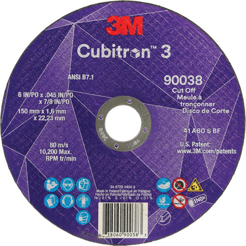 3M 7100399069 Cubitron 60+ Grit 3 Cut-Off Wheel, 6" x 0.045", 7/8" Arbor, Type T1, Ceramic, 10200 RPM - (Each)