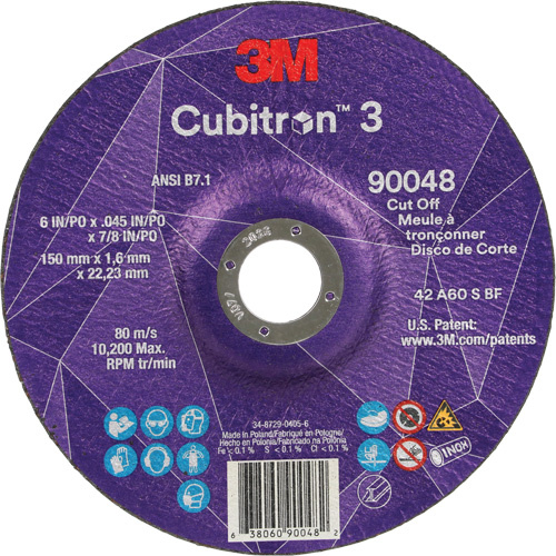 3M 7100398727 Cubitron 60+ Grit 3 Cut-Off Wheel, 6" x 0.045", 7/8" Arbor, Type T27, Ceramic, 10200 RPM - (Each)