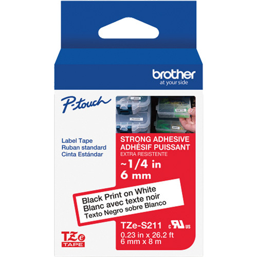 Brother TZES211G Extra-Strength Laminated Tape for P-Touch Label Makers, 6 mm x 8 m, Black on White - (Each)
