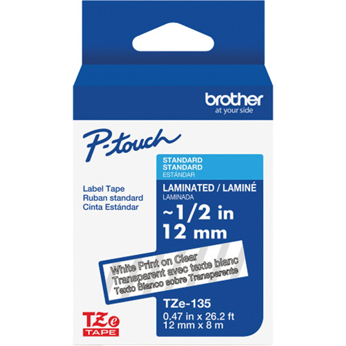 Brother TZE135G Laminated Tape for P-Touch, 12 mm x 8 m, White on Clear - (Each)