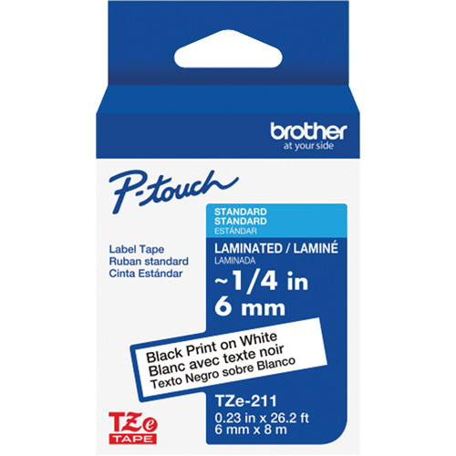 Brother TZE211G TZe-211 Laminated Tape for TZe-Compatible P-Touch Label Makers, Black on White, 0.23" Width - (Each)