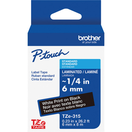 Brother TZE315G TZe-315 Laminated Tape for TZe-Compatible P-Touch Label Makers, White on Black, 0.23" Width - (Each)